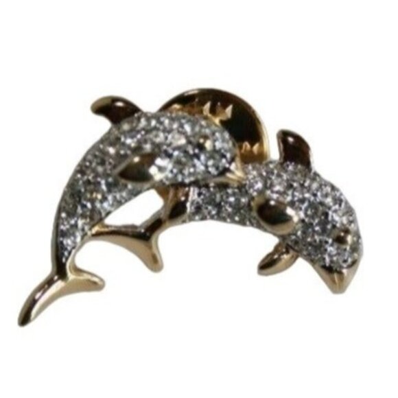 Dolphin-Themed Gold Tone Rhinestone Encrusted Brooch Pin - Picture 4 of 11